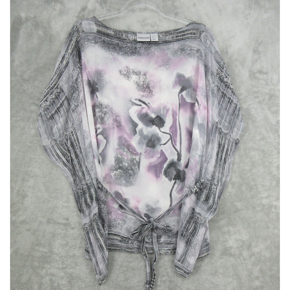 Chicos Top Womens Size 2 L Sheer Floral Silk Poncho Blouse Tie Front Relaxed